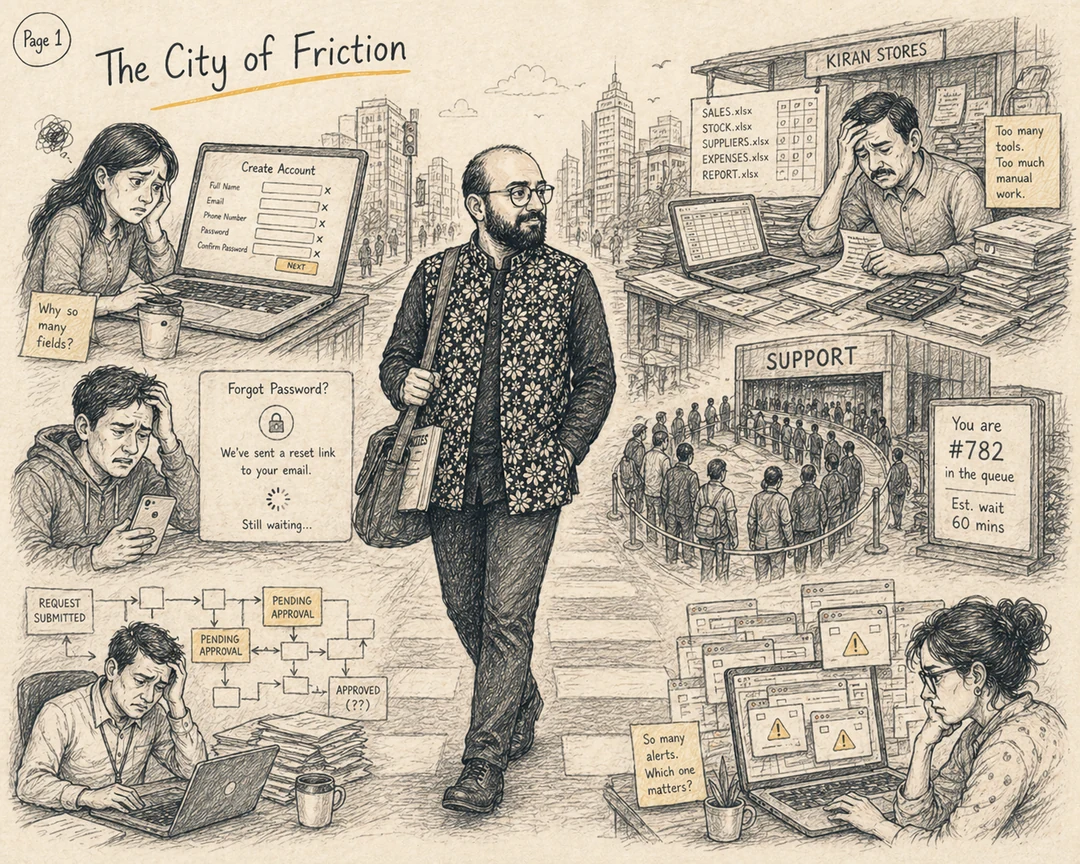 Comic page 1 of 9: The City of Friction — Prateek walks through a city of broken systems where users struggle with endless form fields, forgotten passwords, 60-minute support queues, and managers drowning in five open spreadsheets.