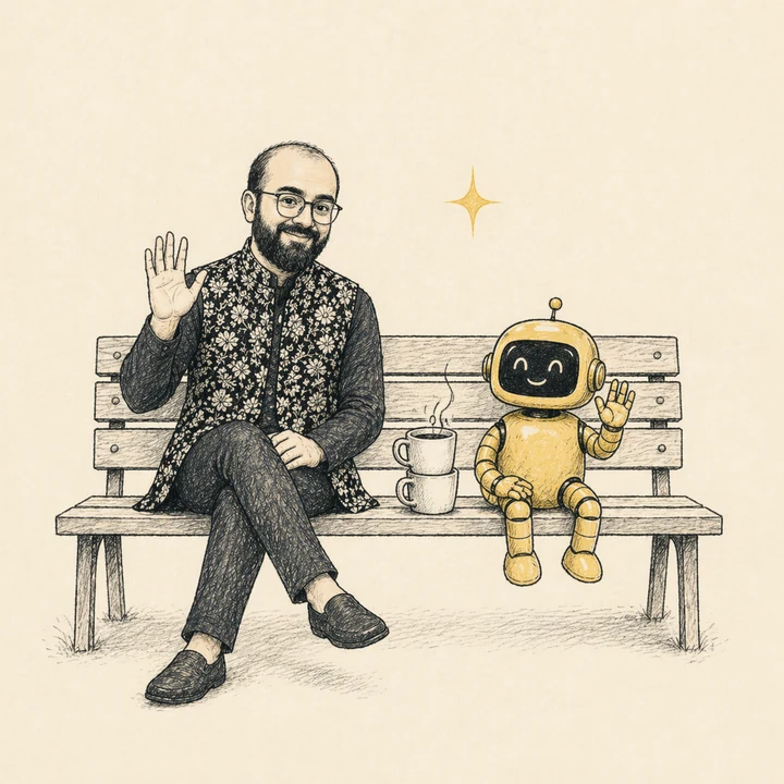 Prateek and his AI sidekick sitting on a park bench, waving at the reader with two coffee mugs between them.