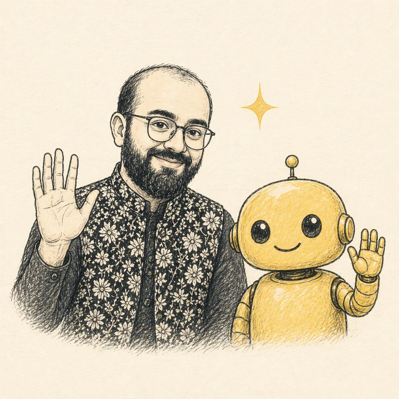Hand-drawn illustration of Prateek waving next to a small marigold AI sidekick robot, also waving.