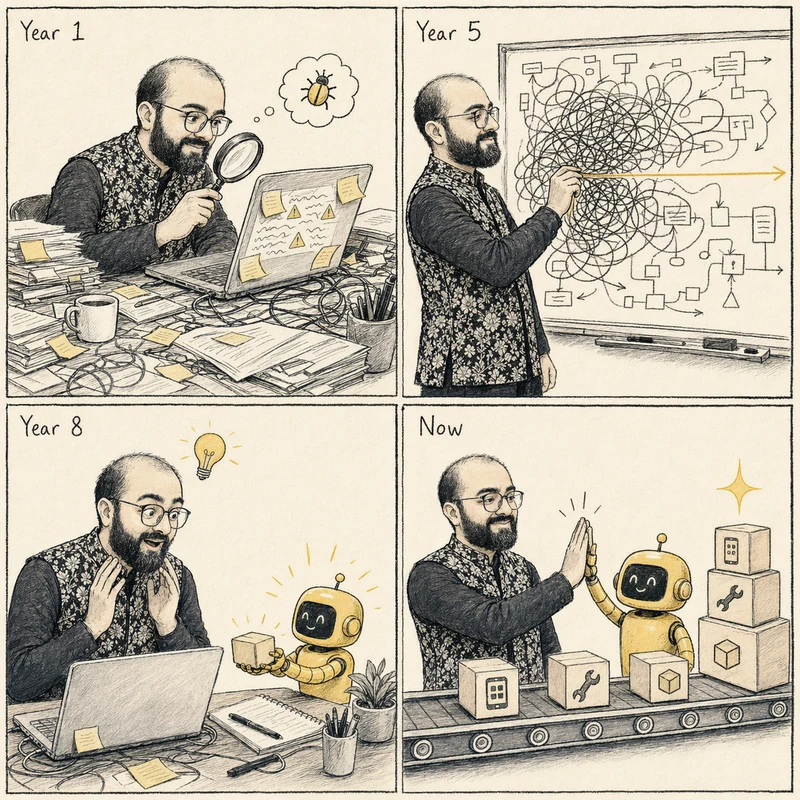 Four-panel comic of Prateek's career: testing and finding bugs, untangling systems as a BA, discovering AI, shipping AI-first products with an AI sidekick.