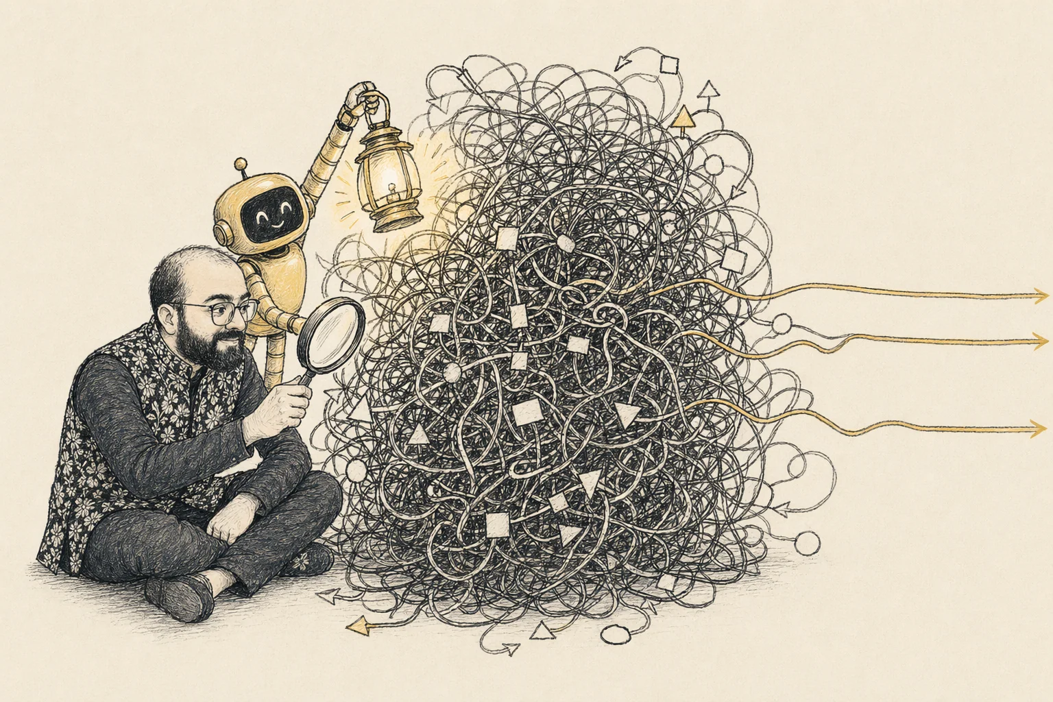 Prateek sitting cross-legged examining a dense tangle of processes, flowcharts, and arrows with a lantern-holding AI sidekick — clean marigold threads being pulled out to the right.